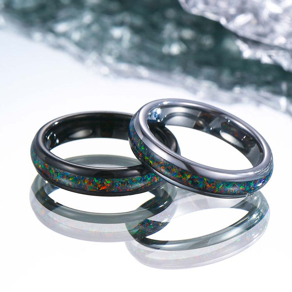 Anillo de Tungsteno con Ópalo con Grabado - Bosque Tranquilo