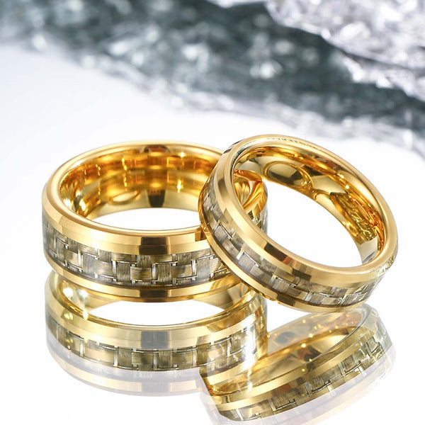 【Pareja】Anillo de Tungsteno con Fibra de Carbono Dorado - Regla de Oro