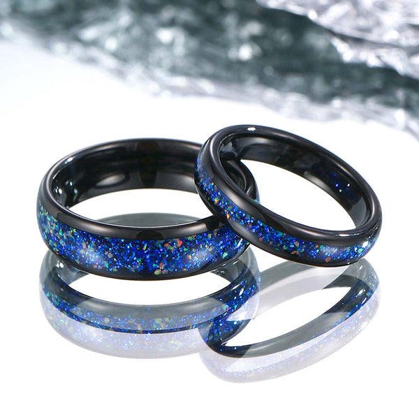 【Pareja】Anillo de Tungsteno con Ópalo Galaxia - Universo Azul