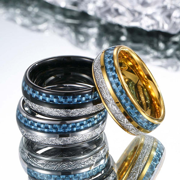 Anillo Tungsteno con Fibra de Carbono y Meteorito - Edad de Hielo