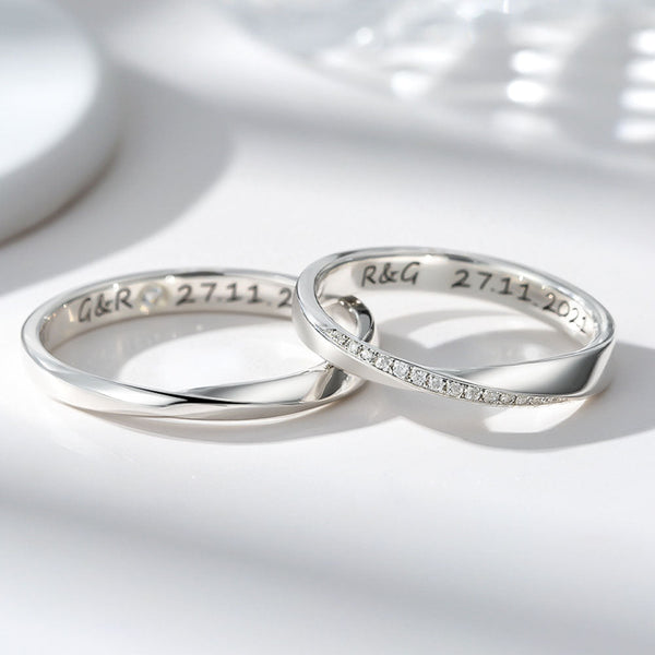 Silber 925 Möbius Zirkon Inlay Partnerringe Ehering Paar Ring mit Gravur für Damen Herren in Ringgröße 44~75 - Remisia