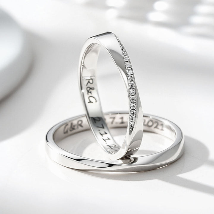 Silber 925 Möbius Zirkon Inlay Partnerringe Ehering Paar Ring mit Gravur für Damen Herren in Ringgröße 44~75 - Remisia