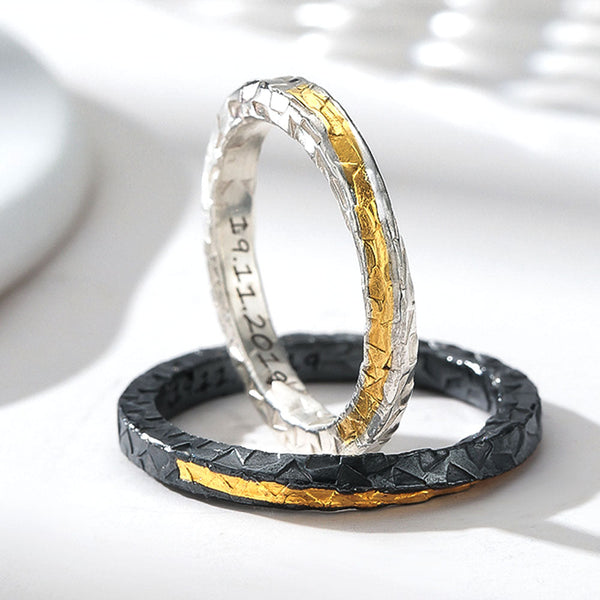 Außergewöhnlicher Goldverkrusteter Silber 999 Ring Ehering Schwarzer mit Gravur für Damen Herren in Ringgröße 44~75 - Remisia