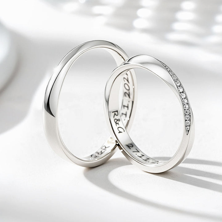Silber 925 Möbius Zirkon Inlay Partnerringe Ehering Paar Ring mit Gravur für Damen Herren in Ringgröße 44~75 - Remisia