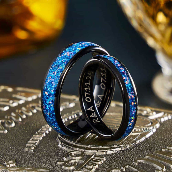Anillo de Tungsteno con Ópalo con Grabado - Universo Azul