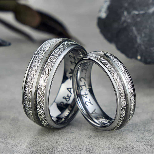 Anillo Tungsteno Plata con Grabado con Meteorito - Testigos de Años