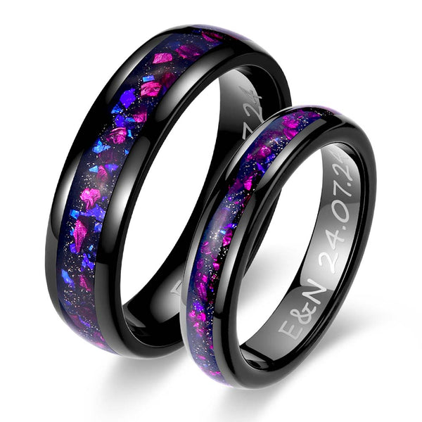 Alianzas Grabadas de Tungsteno con Ópalo - Violeta Soñadora