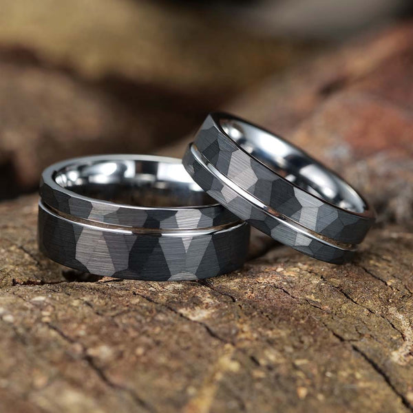 Anillo Tungsteno Martillado Plateada Personalizado - Bastión