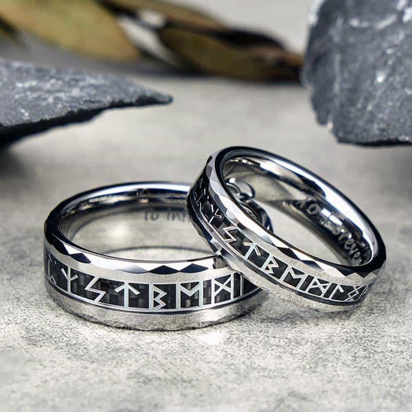 Anillo Vikingo con Runas de Tungsteno Plateada