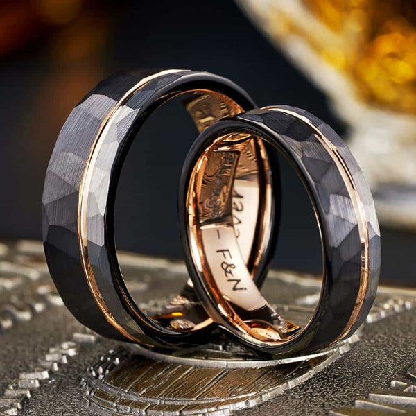 Anillos de Boda Martillado de Tungsteno Grabado - Frente