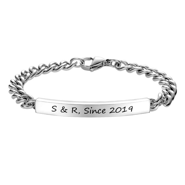 Pulsera Plata de Cadena Barbada con Barra Grabado
