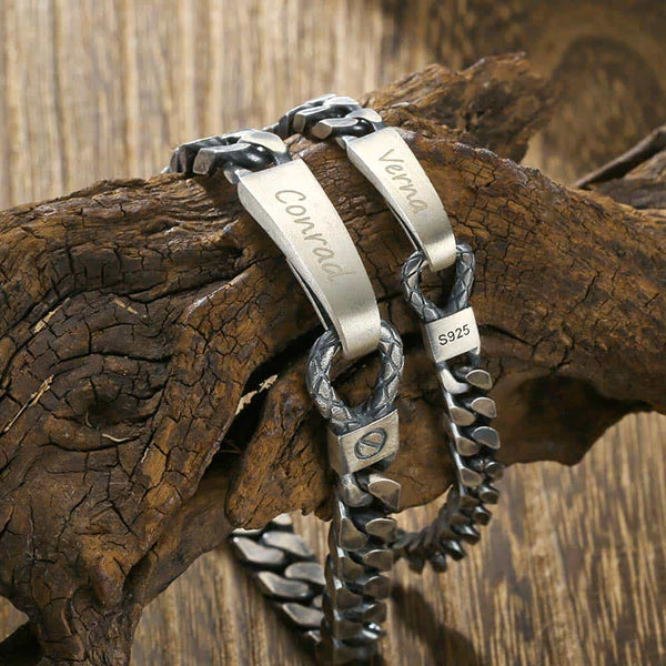 Pulsera Plata Oxidada de Cadena Barbada con Grabado