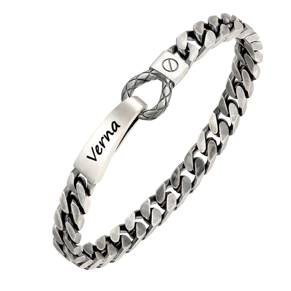 Pulsera Plata Oxidada de Cadena Barbada con Grabado