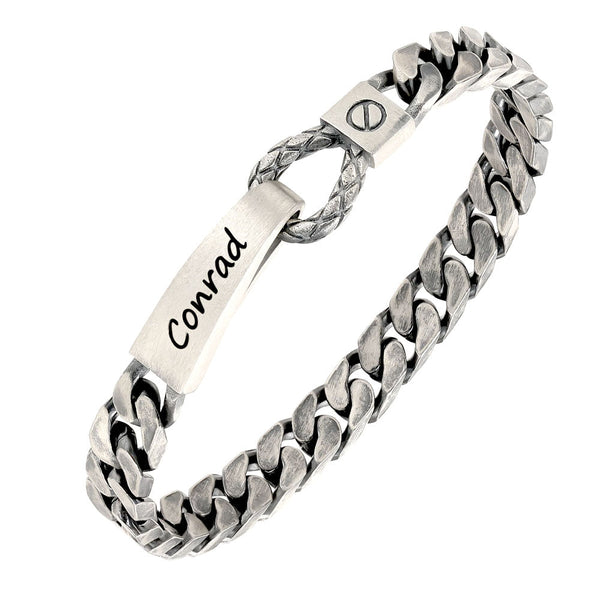 Pulsera Plata Oxidada de Cadena Barbada con Grabado