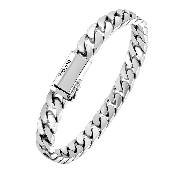 Pulsera Plata de Cadena Barbada con Barra Facetada con Grabado