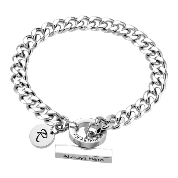 Pulsera Plata de Cadena Barbada con Barra y Etiqueta