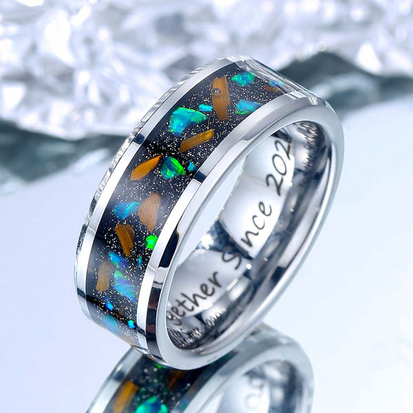 Anillo de Tungsteno Plata con Ópalo Verde 6mm/8mm - Pintor de Cielo Estrellado