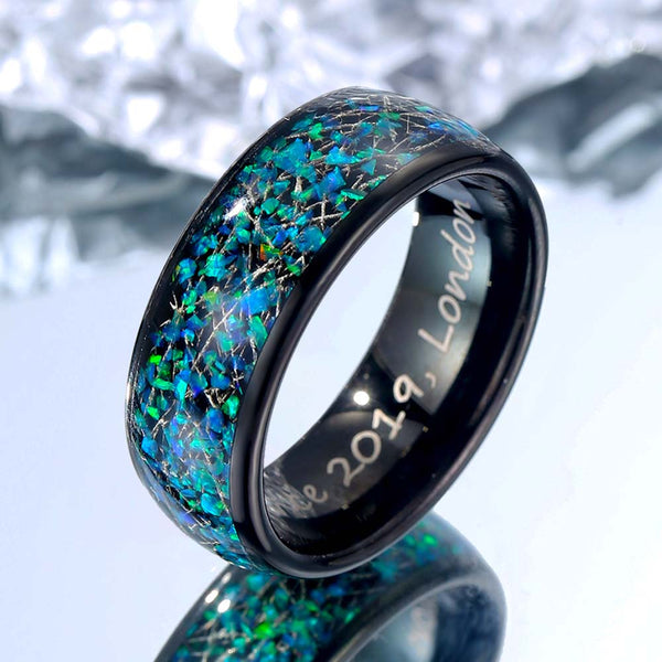 Anillo de Tungsteno con Meteorito y Ópalo 8mm - Cazador de Noche Verde
