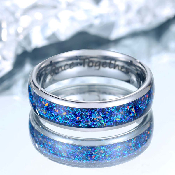 Anillo de Tungsteno Plata con Ópalo 4mm/6mm - Océano Punto Azul