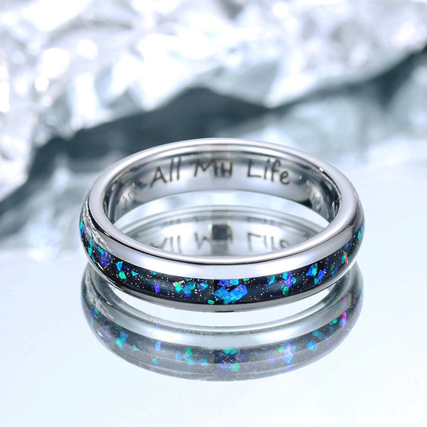 Anillo de Tungsteno Plata con Ópalo 4mm - Fantasía Azul