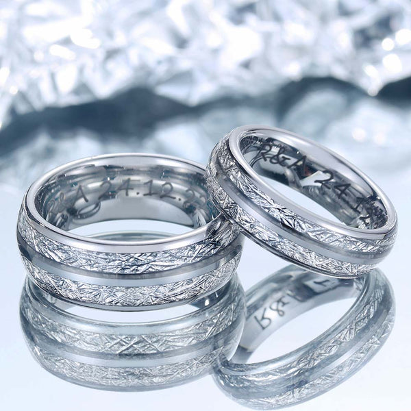 【Conjuntos】Anillos Tungsteno de Pareja Plata con Meteorito - Testigos de Años