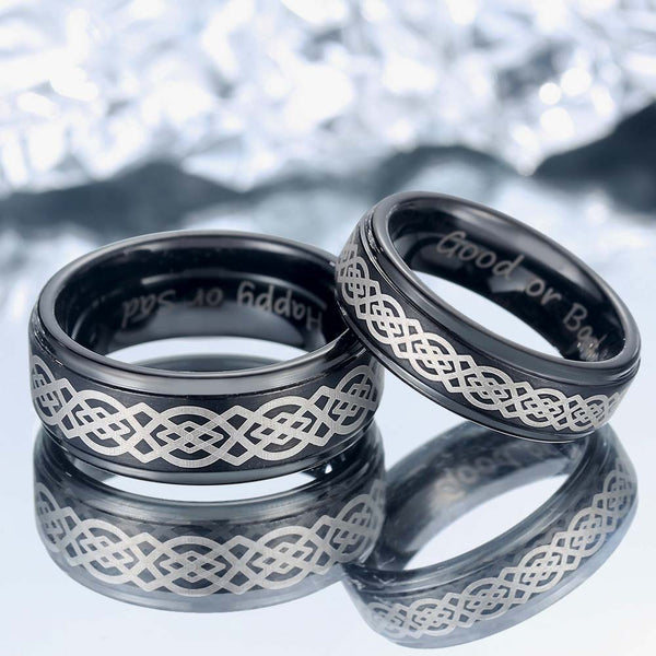 Anillo Tungsteno Negro con Grabado - Nudo Celta Infinito