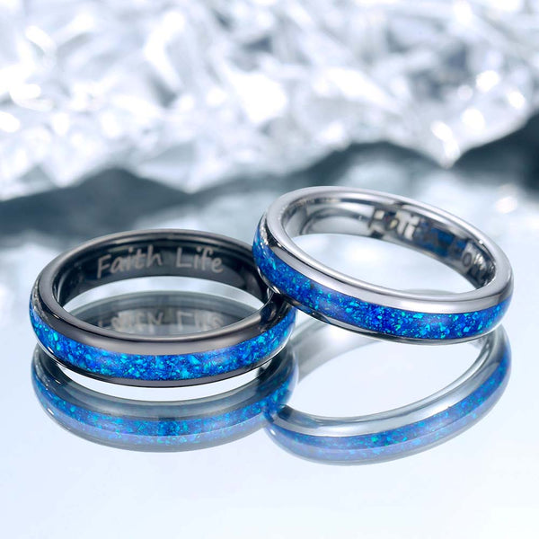 Anillo Tungsteno con Ópalo con Grabado - Meditador Azul