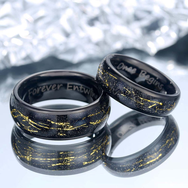 【Conjuntos】Anillos Tungsteno de Pareja Negro con Lámina de Oro - Inscriptor del Tiempo