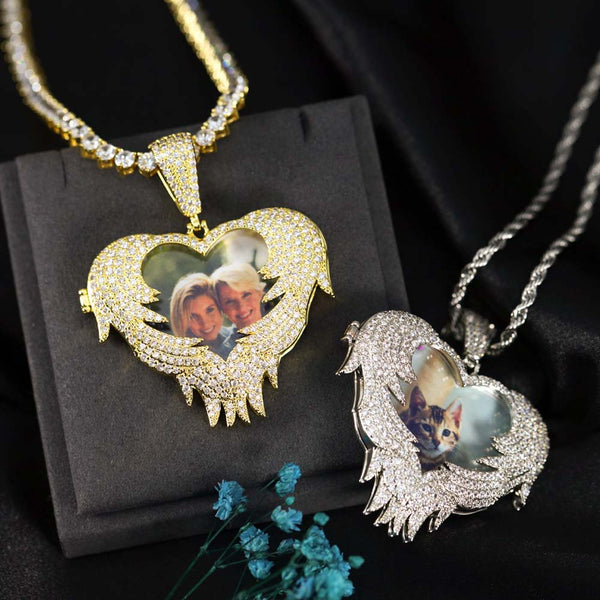 Collar Alas de Corazón de Circón con Foto Personalizado